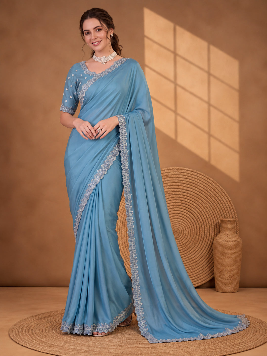 Glamorous Teal Satin Chiffon Saree with Party Wear Embellishment – By Jaipur Kurti
