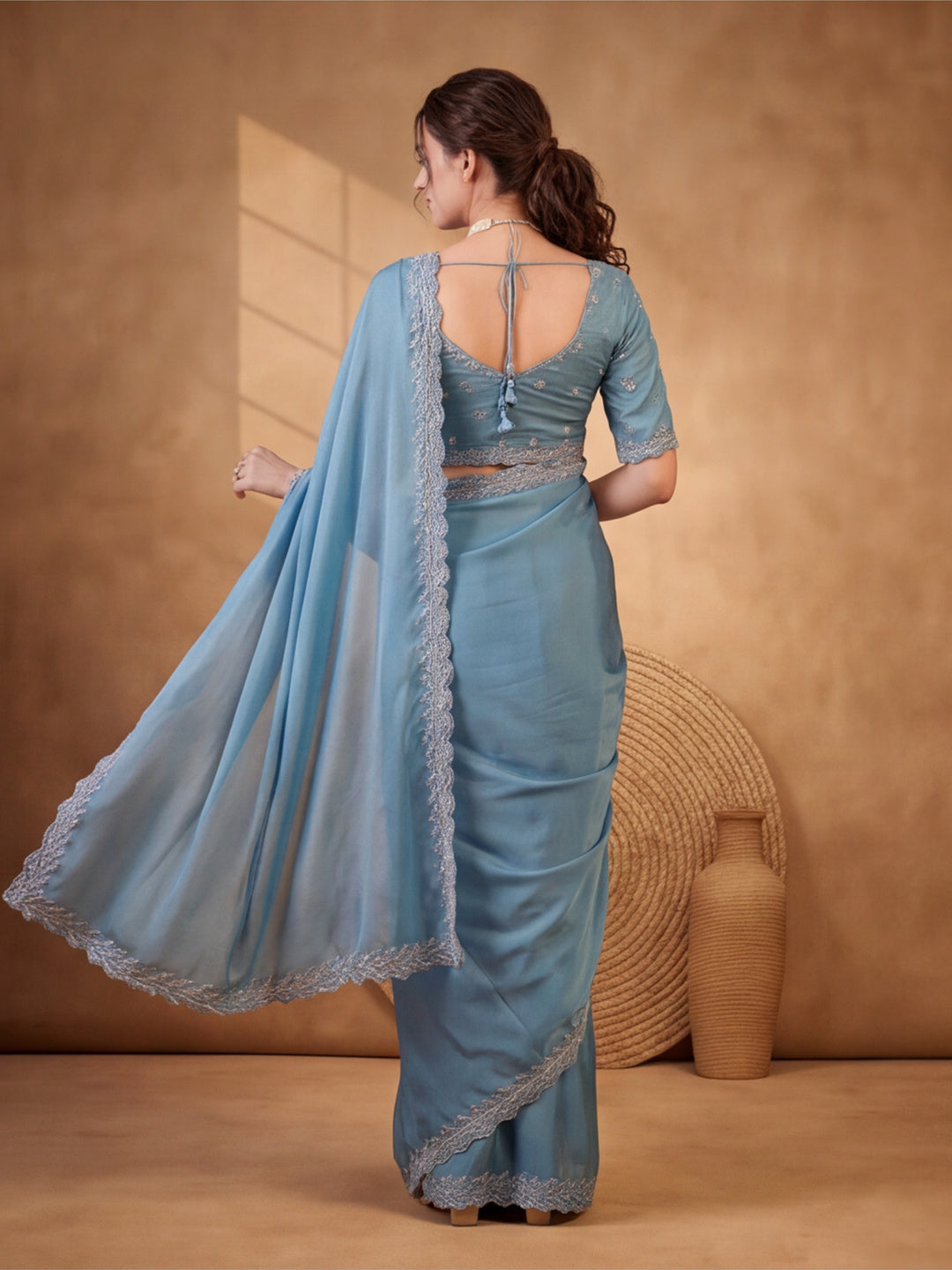 Glamorous Teal Satin Chiffon Saree with Party Wear Embellishment – By Jaipur Kurti
