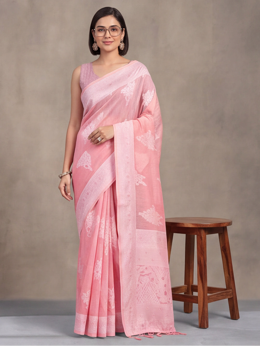 Baby Pink Color Weaving Work Cotton Saree By Jaipur Kurti
