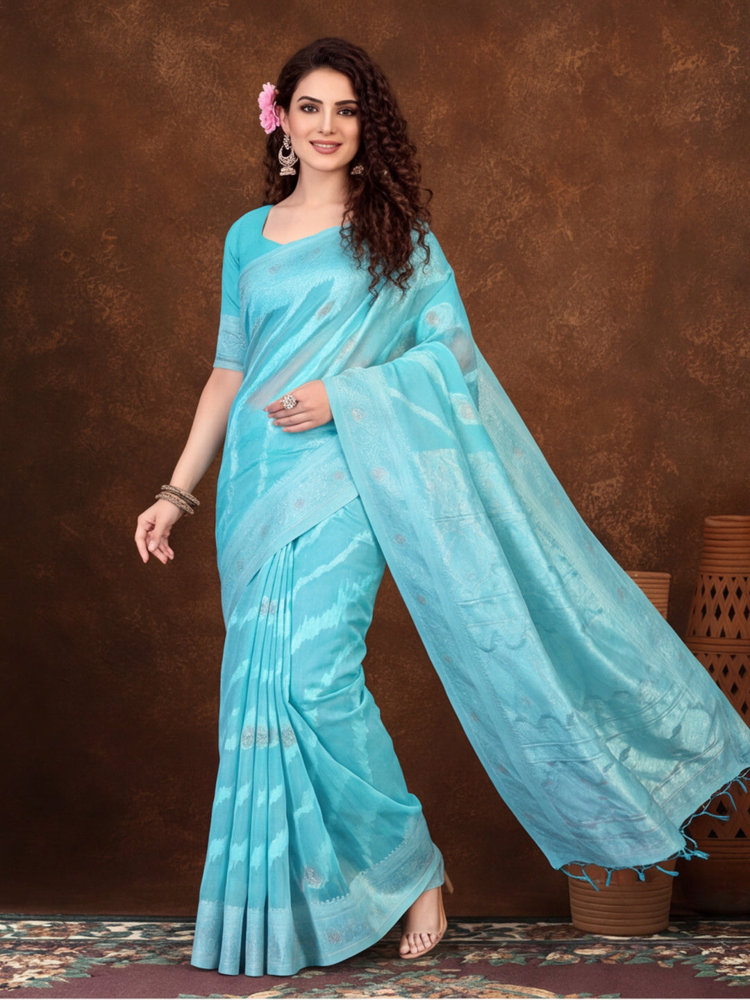 Pista Green Color Weaving Work Cotton Saree By Jaipur Kurti