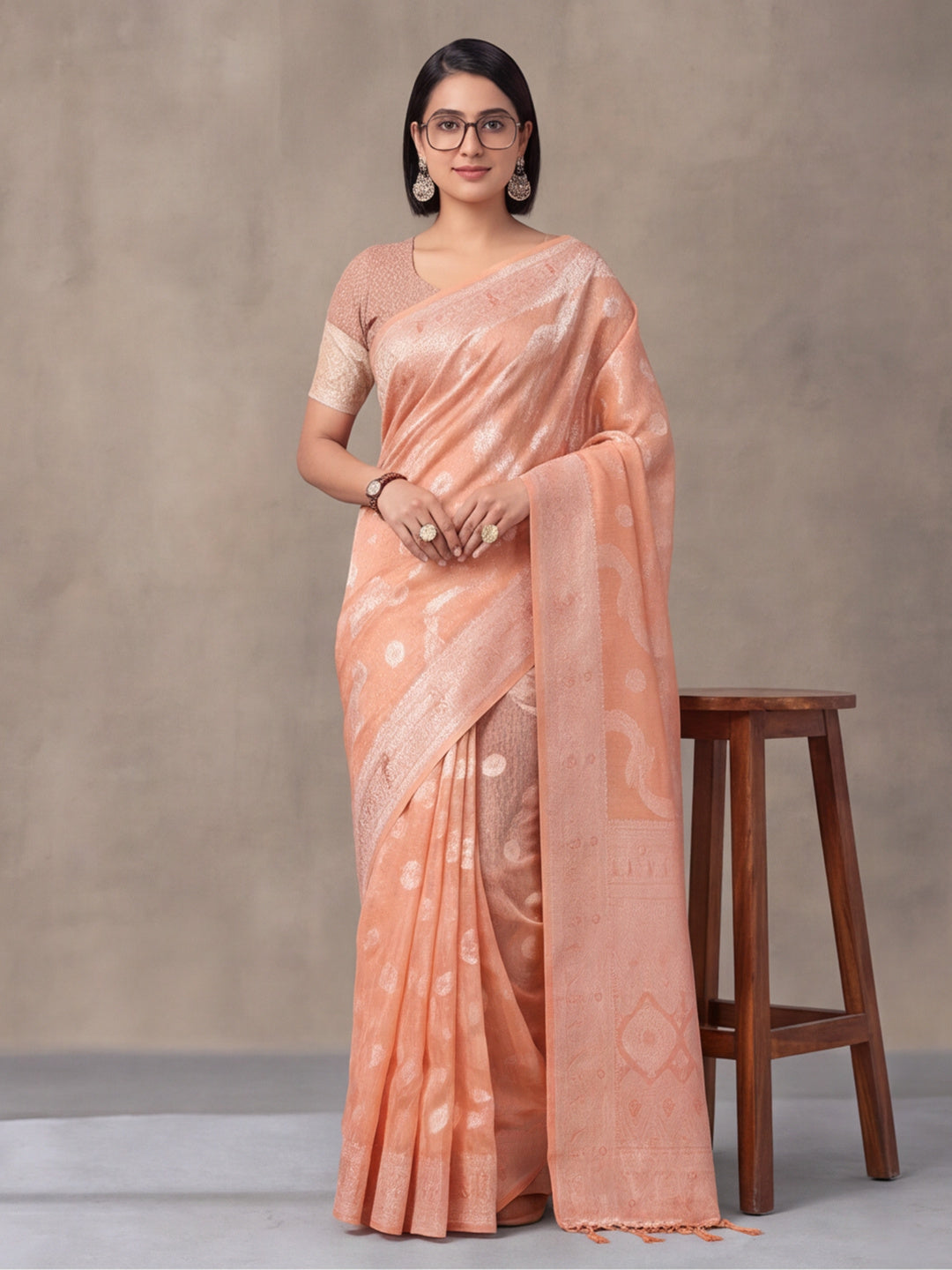 Light Peach Color Weaving Work Cotton Saree By Jaipur Kurti