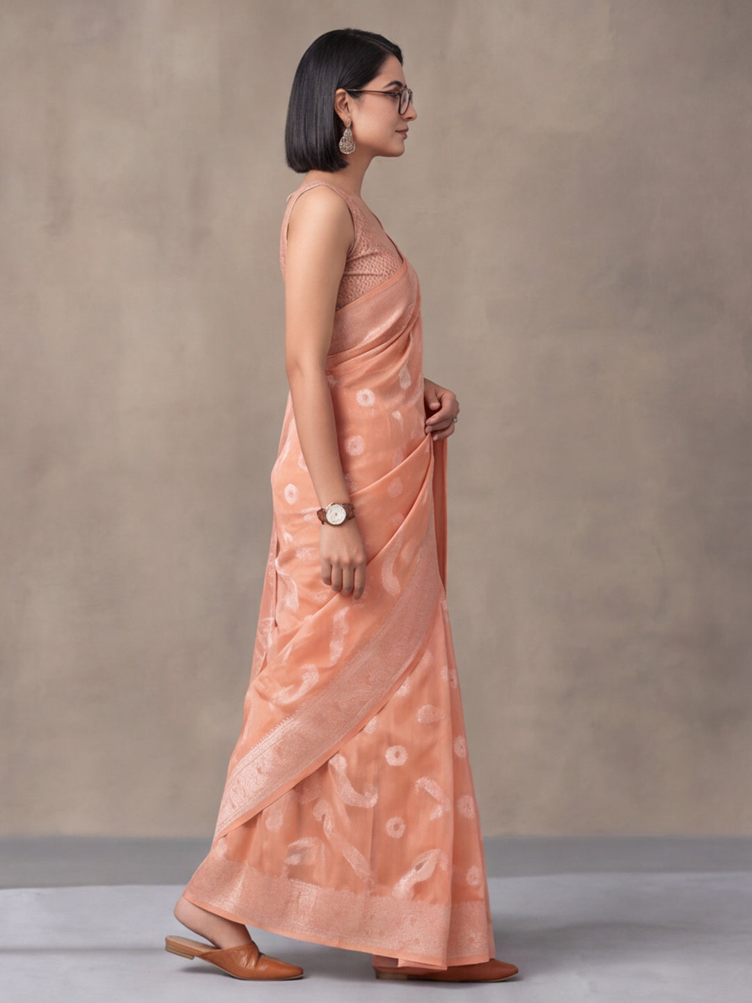 Light Peach Color Weaving Work Cotton Saree By Jaipur Kurti