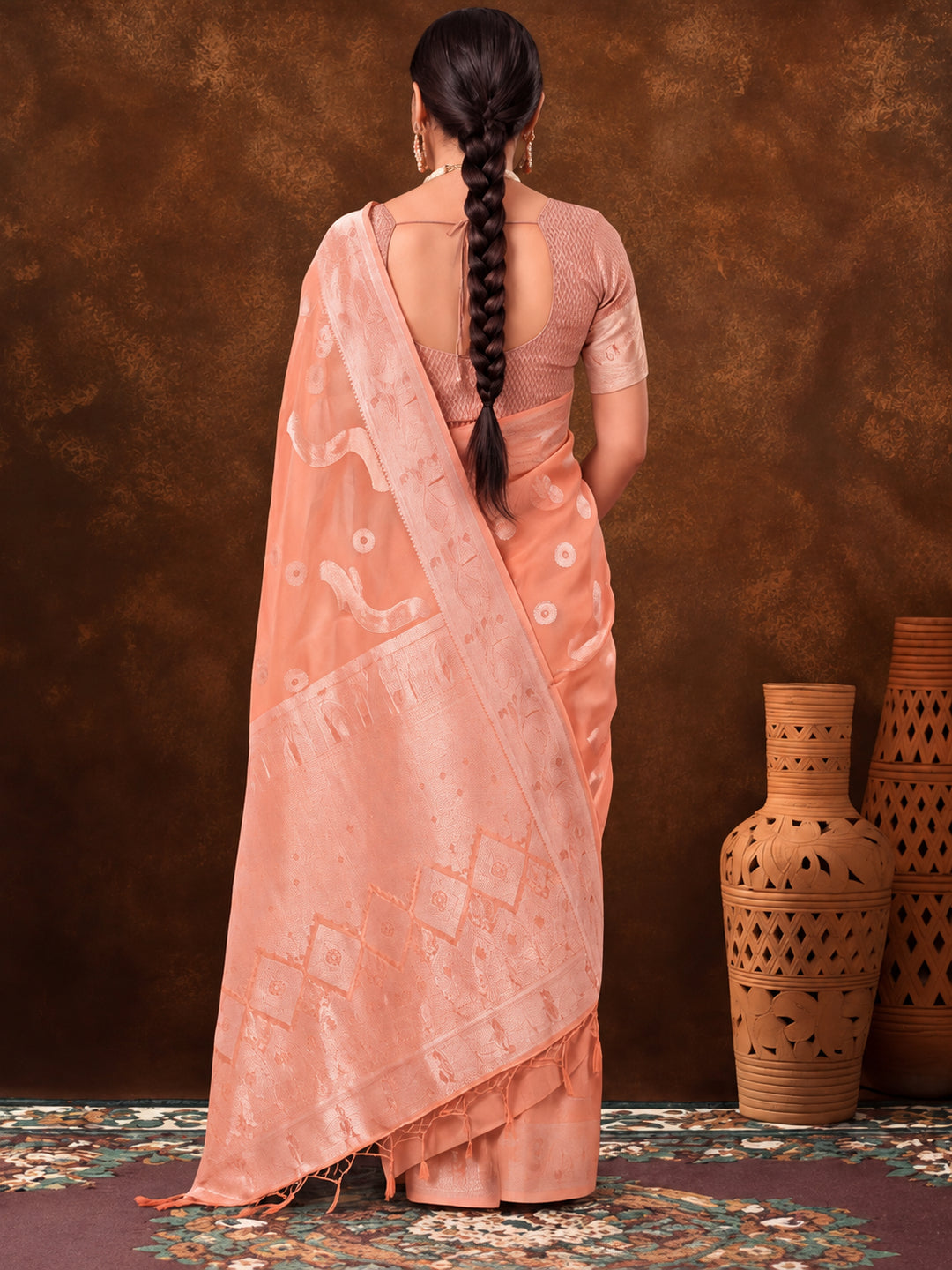 Light Peach Color Weaving Work Cotton Saree By Jaipur Kurti