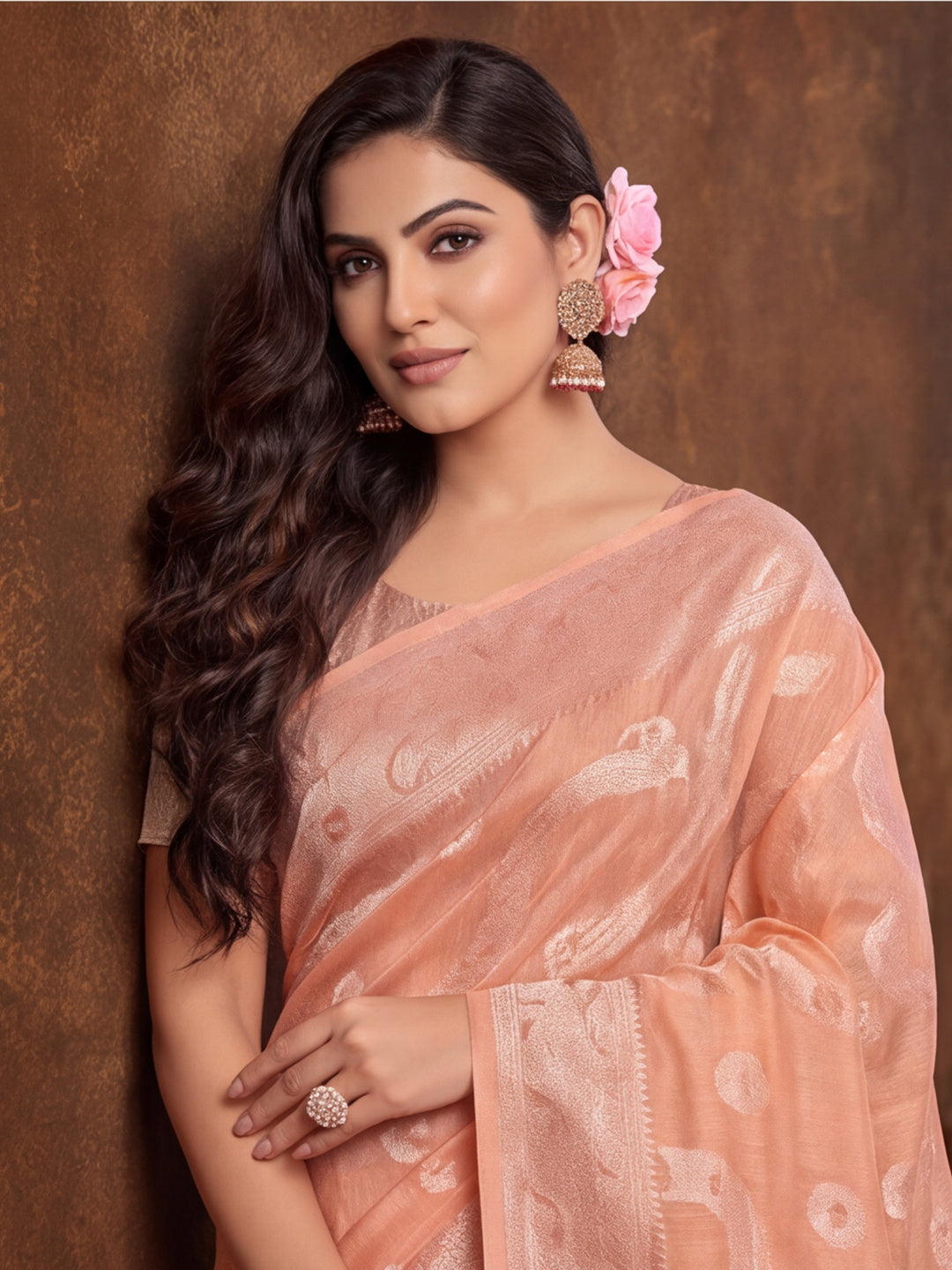 Light Peach Color Weaving Work Cotton Saree By Jaipur Kurti