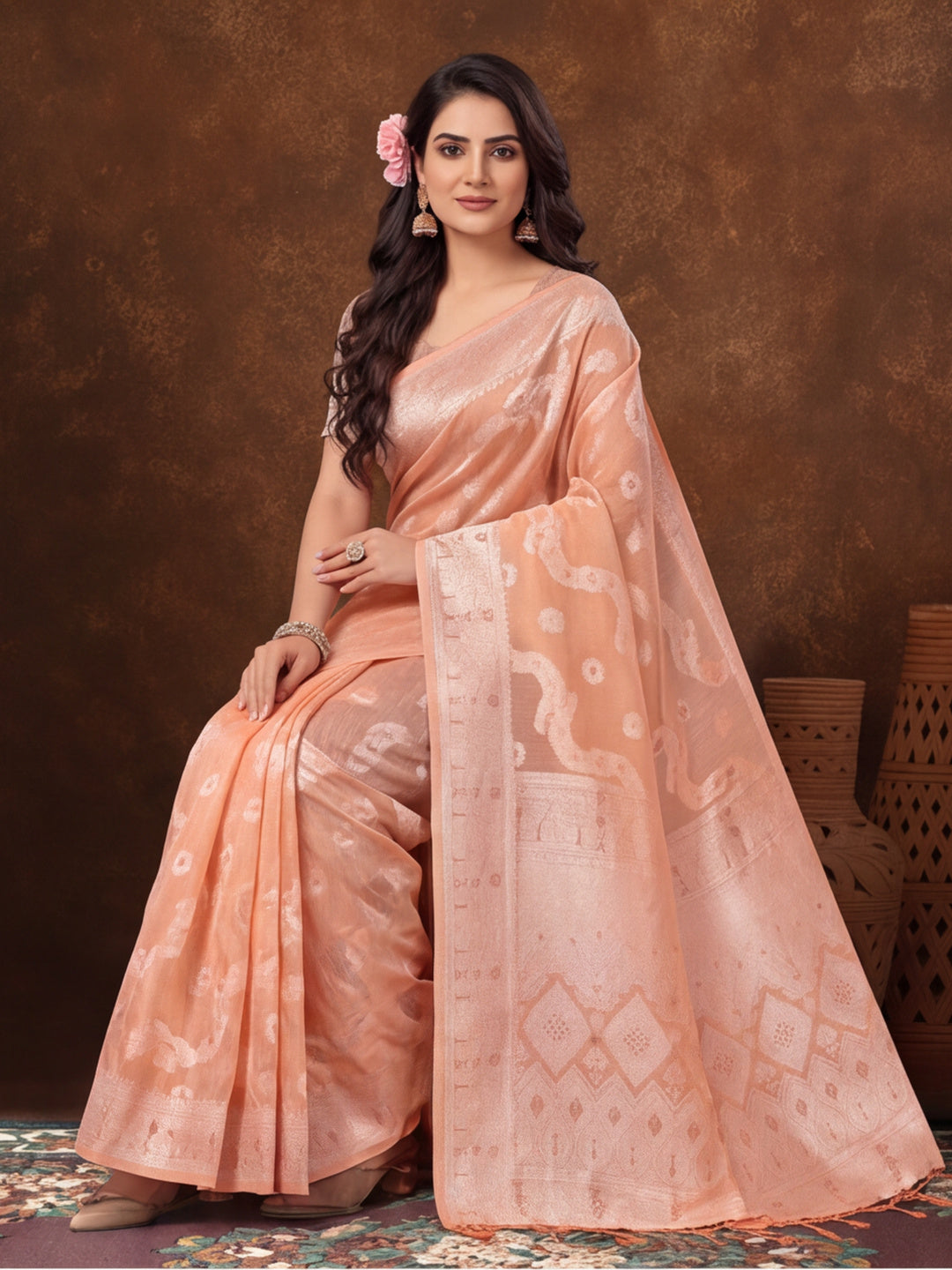 Light Peach Color Weaving Work Cotton Saree By Jaipur Kurti