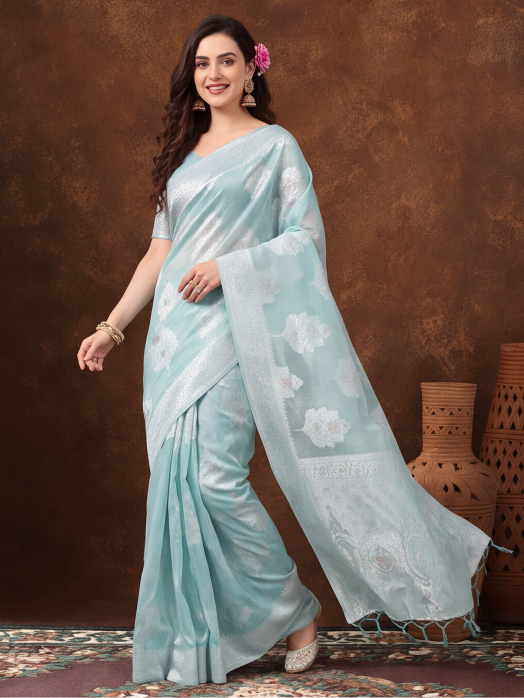 Light Blue Color Weaving Work Cotton Saree By Jaipur Kurti