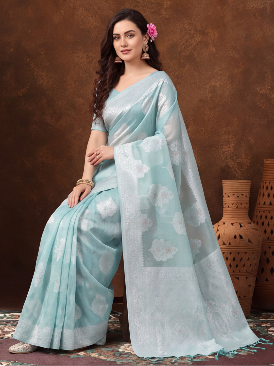 Light Blue Color Weaving Work Cotton Saree By Jaipur Kurti