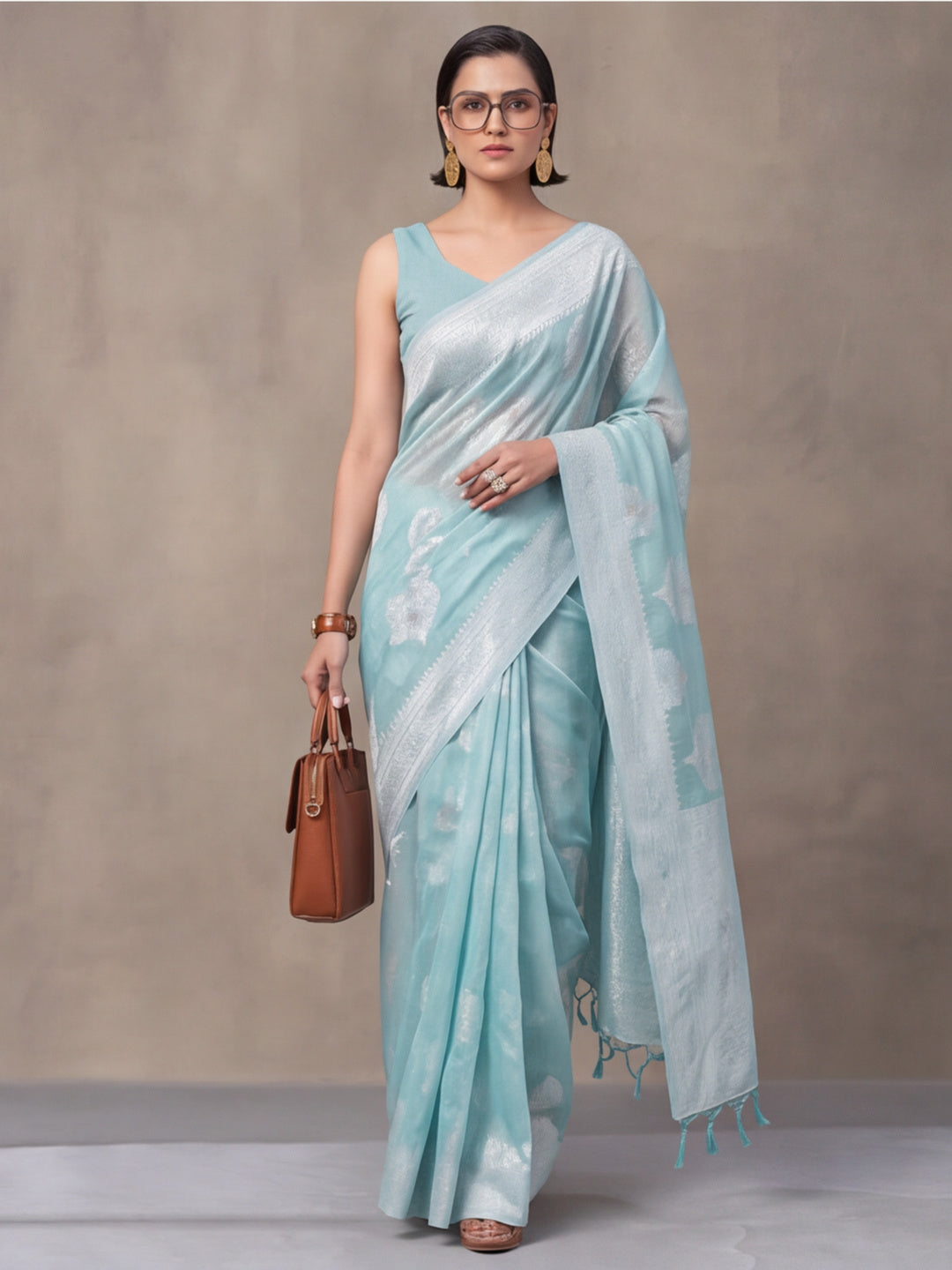 Light Blue Color Weaving Work Cotton Saree By Jaipur Kurti