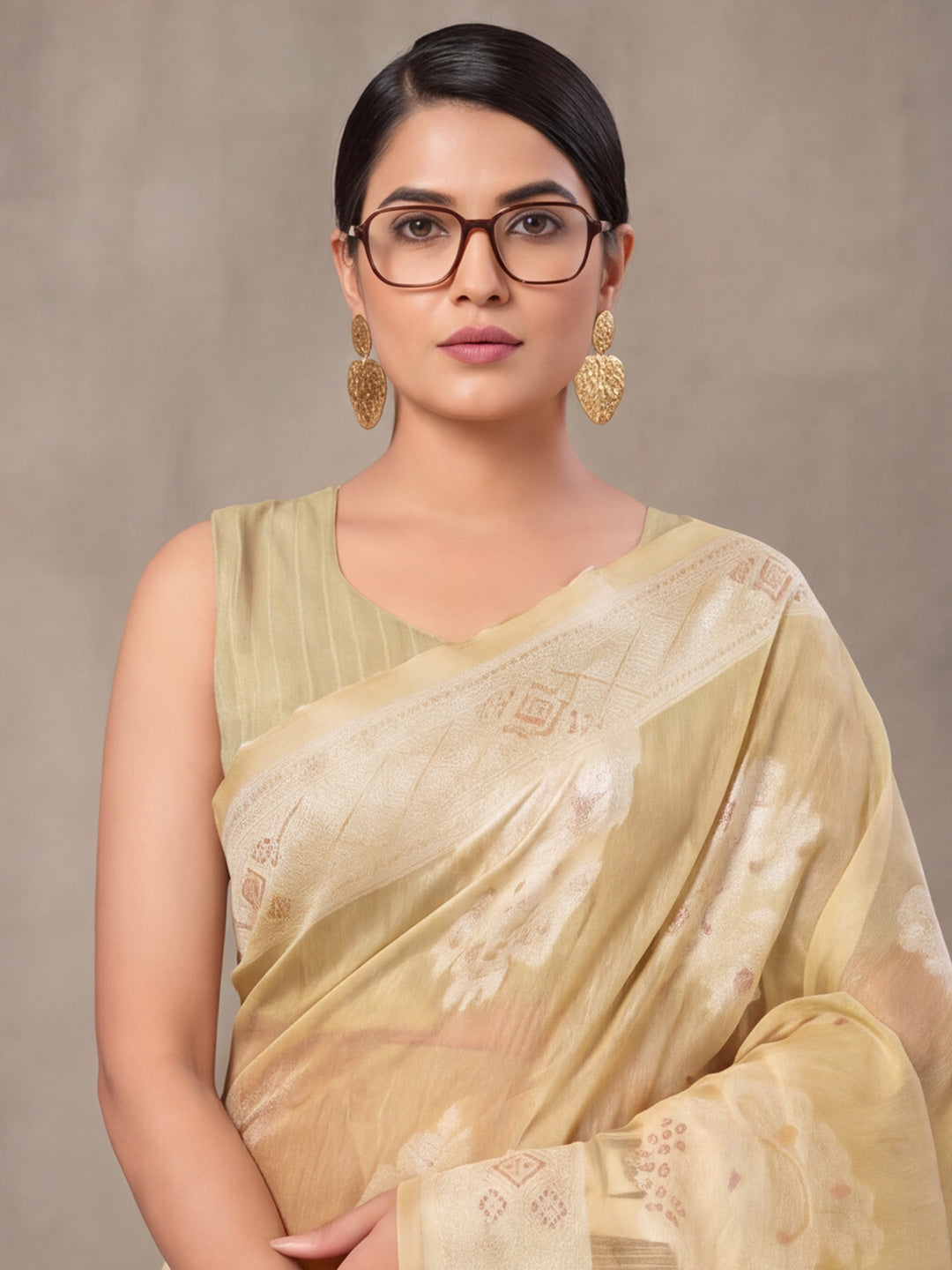 Light Beige Color Weaving Work Cotton Saree By Jaipur Kurti