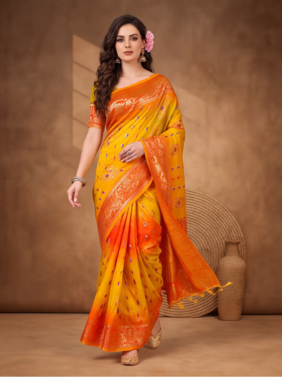 Gold,Orange Color Weaving Work Banarasi Silk Saree By Jaipur Kurti