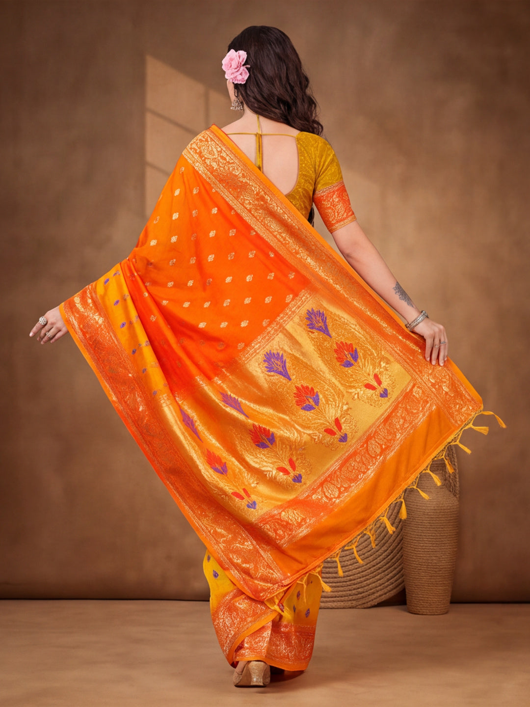 Gold,Orange Color Weaving Work Banarasi Silk Saree By Jaipur Kurti