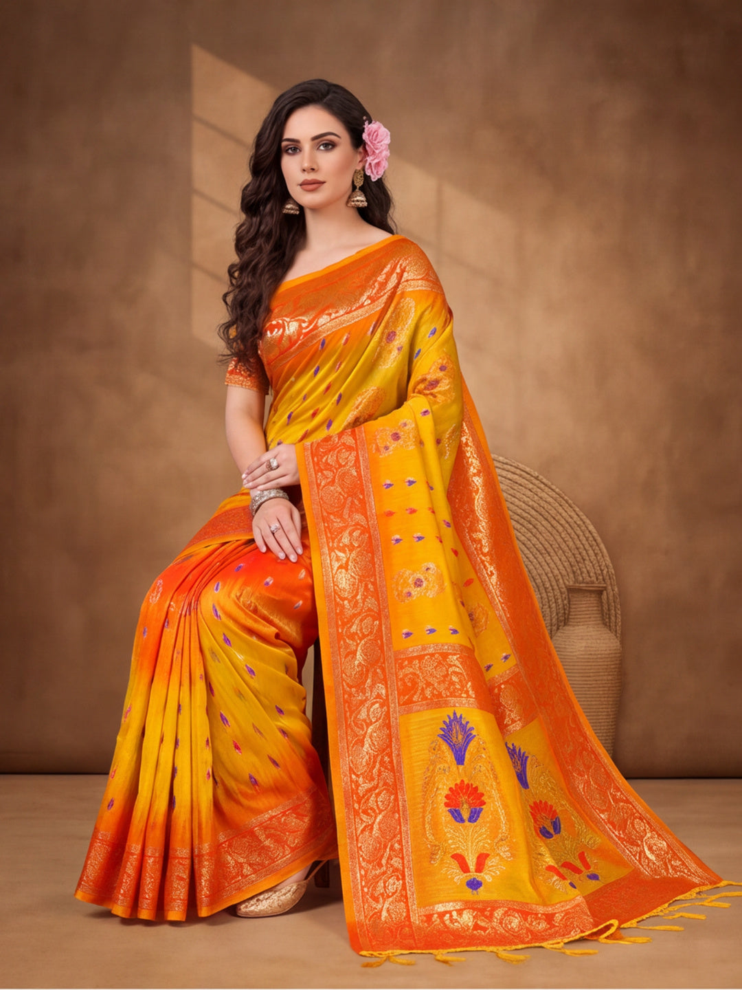 Gold,Orange Color Weaving Work Banarasi Silk Saree By Jaipur Kurti