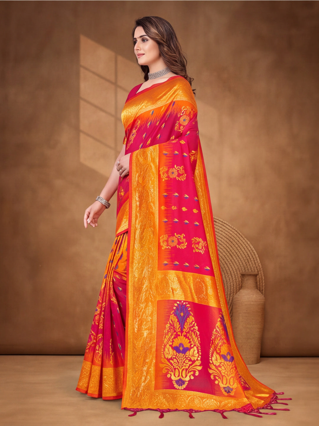 Yellow,Wine Color Weaving Work Banarasi Silk Saree By Jaipur Kurti