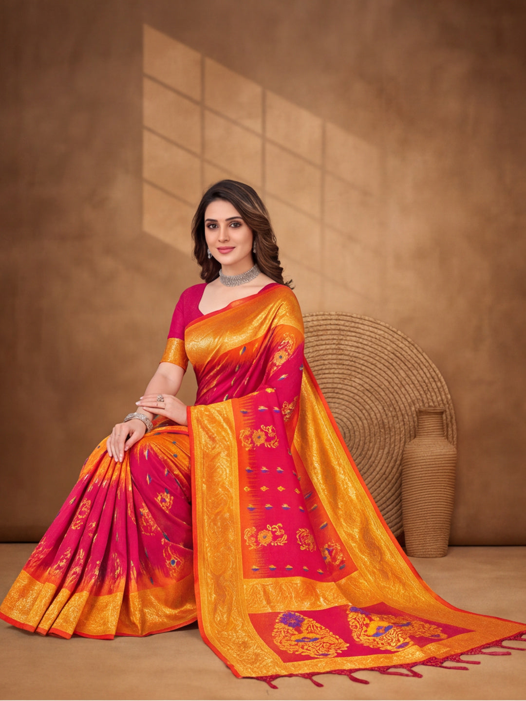 Yellow,Wine Color Weaving Work Banarasi Silk Saree By Jaipur Kurti