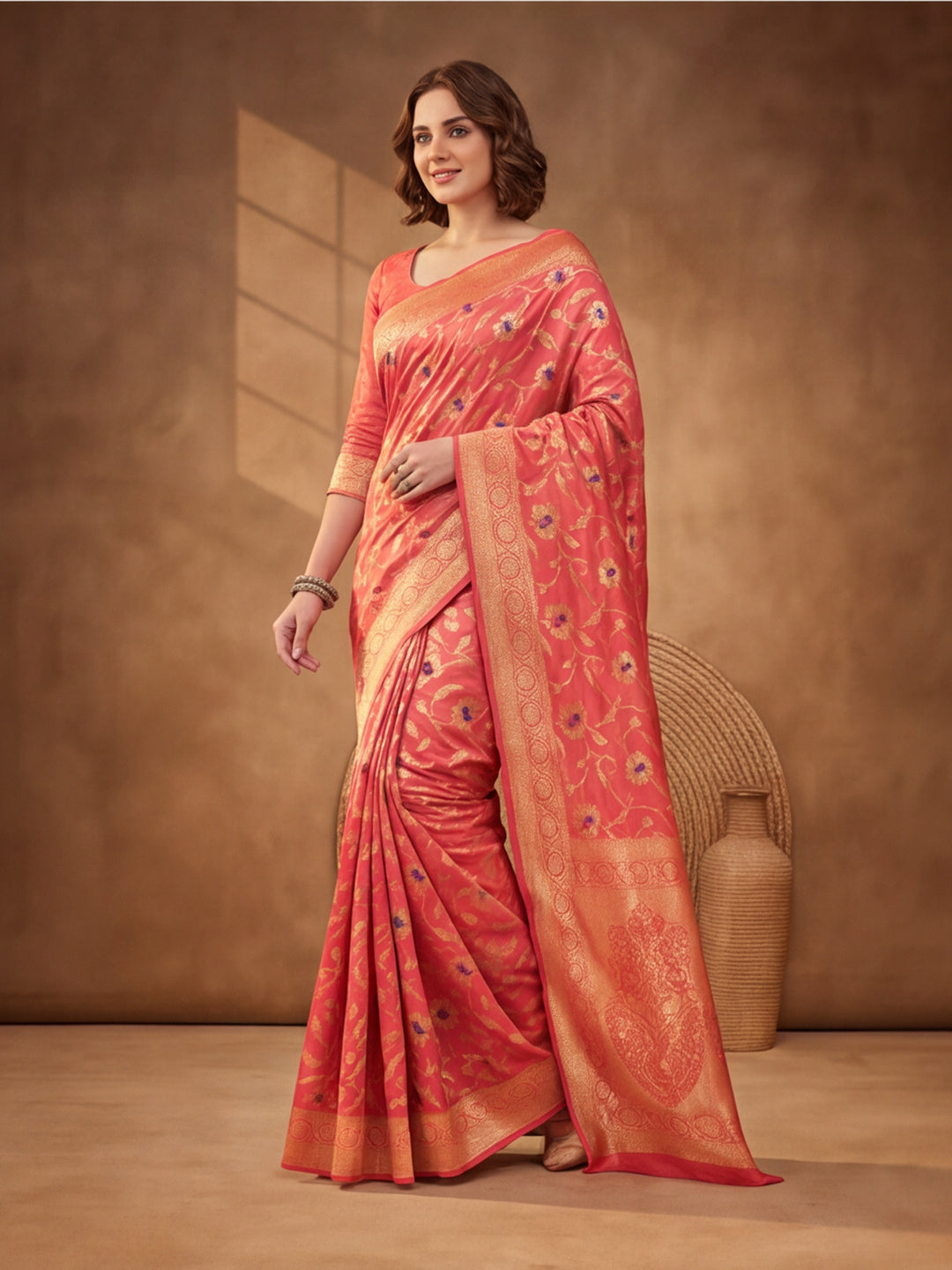 Jaipur Kurti Women'S Designer Weaving Work Red,Gold Saree