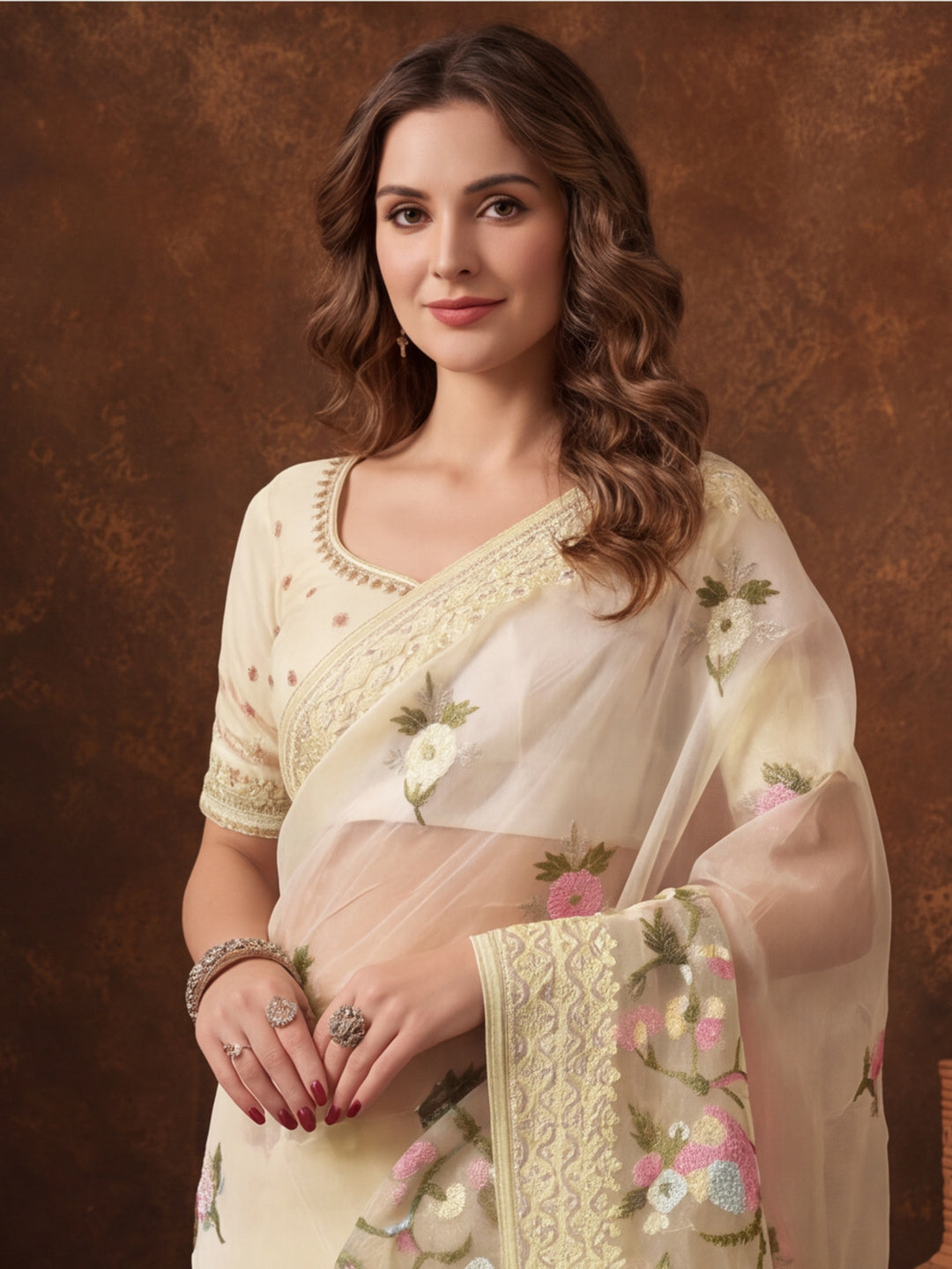 Light Yellow Organza Saree with Delicate Embroidered Designs by Jaipur Kurti