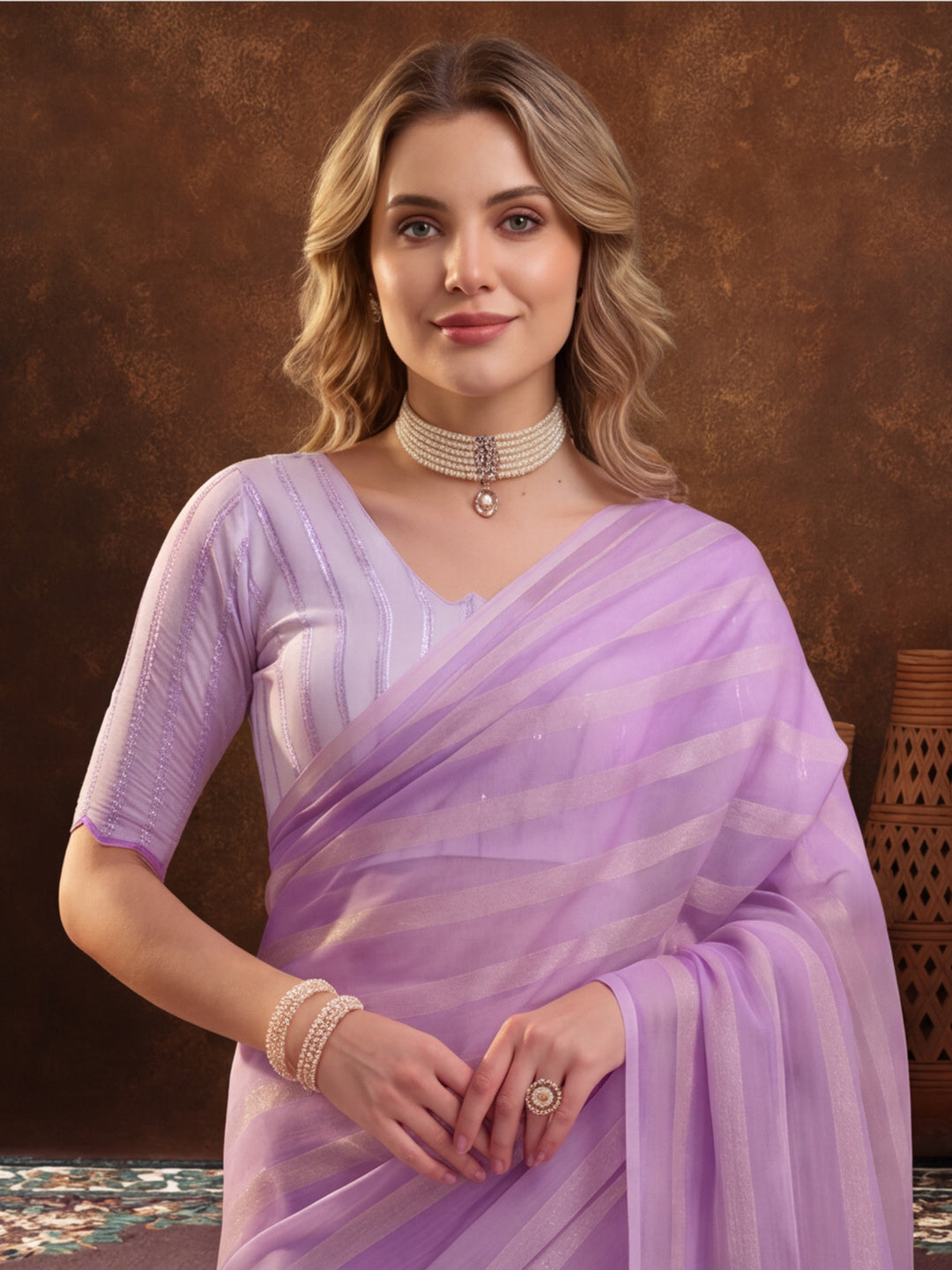 Lavender Vichitra Silk Printed Saree for Women by Jaipur Kurti