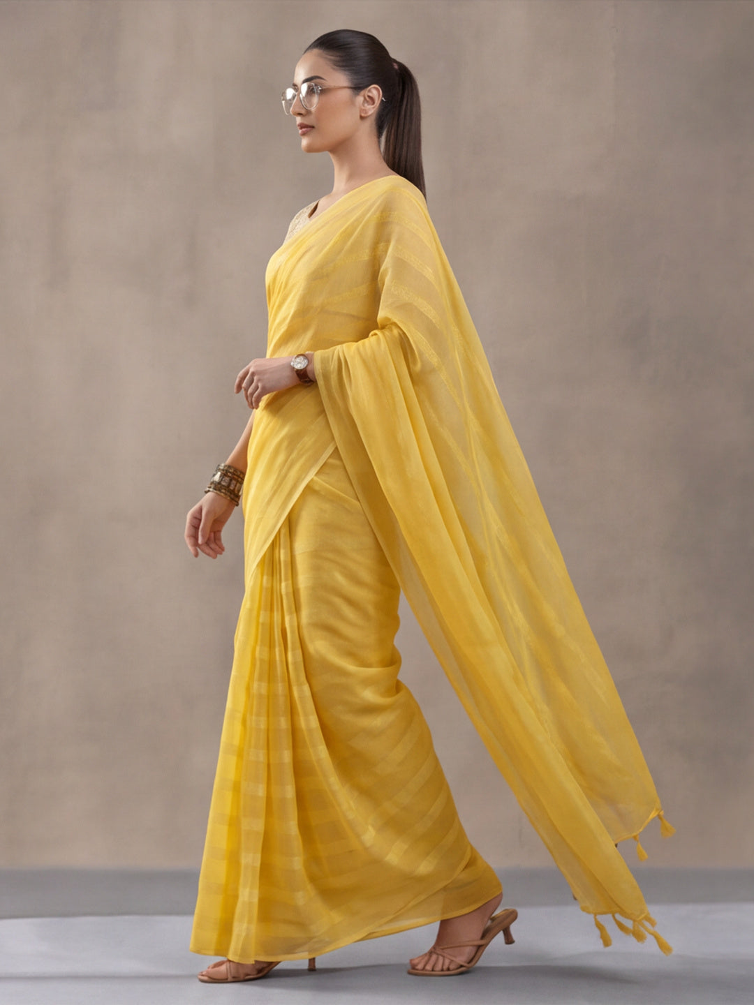 Yellow Vichitra Silk Printed Saree for Women by Jaipur Kurti