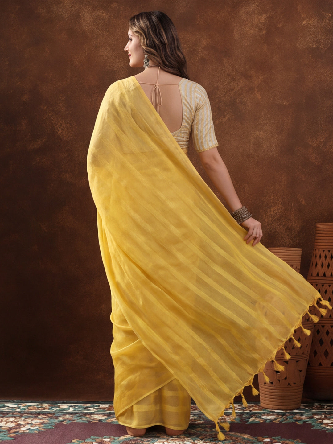 Yellow Vichitra Silk Printed Saree for Women by Jaipur Kurti
