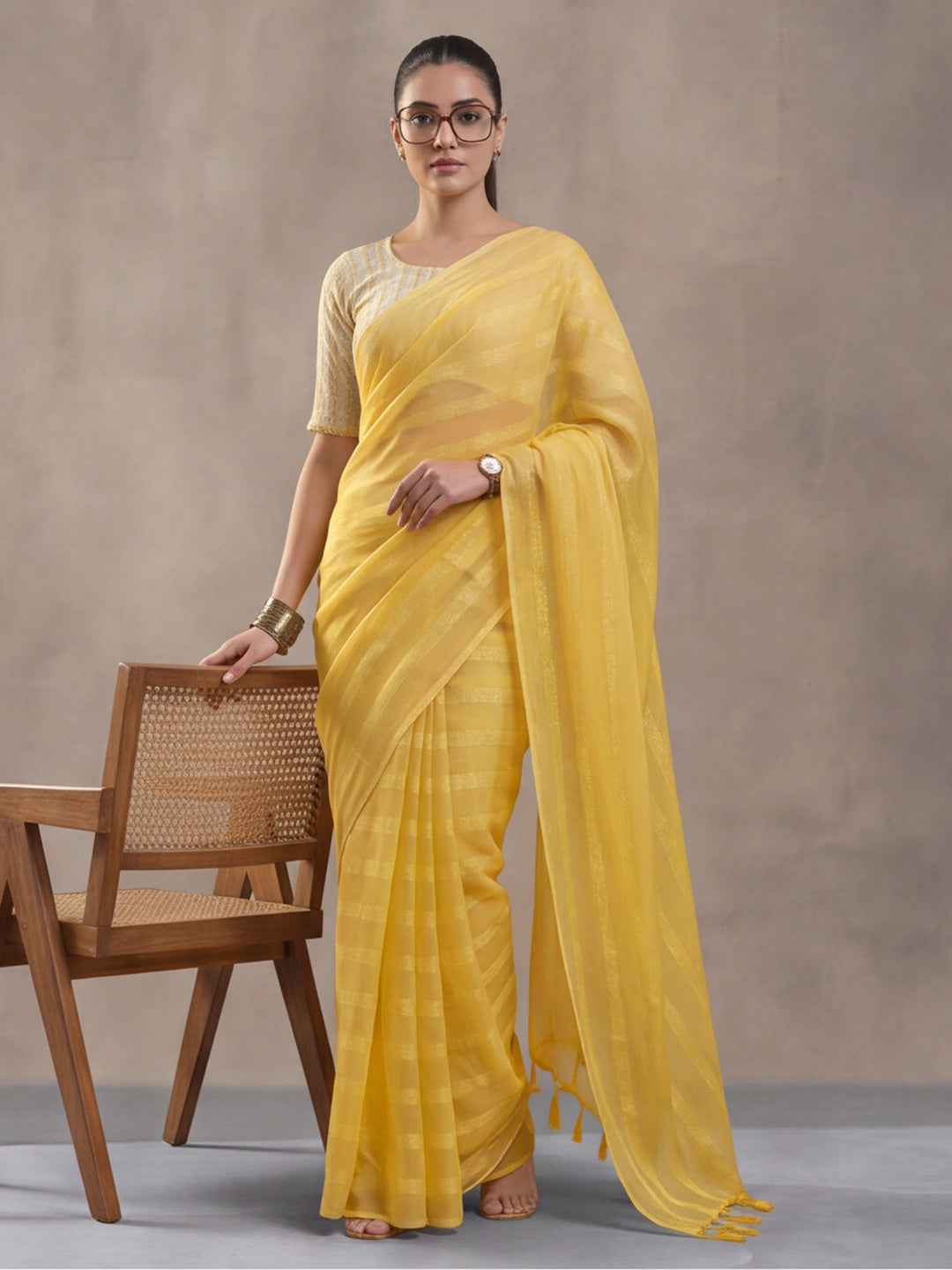 Yellow Vichitra Silk Printed Saree for Women by Jaipur Kurti