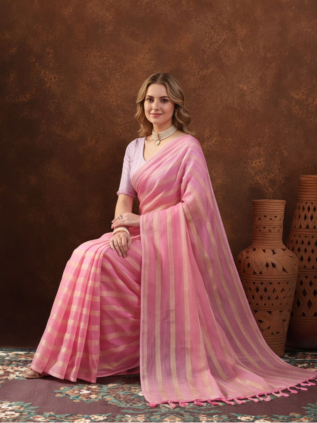 Pink Vichitra Silk Printed Saree for Women by Jaipur Kurti