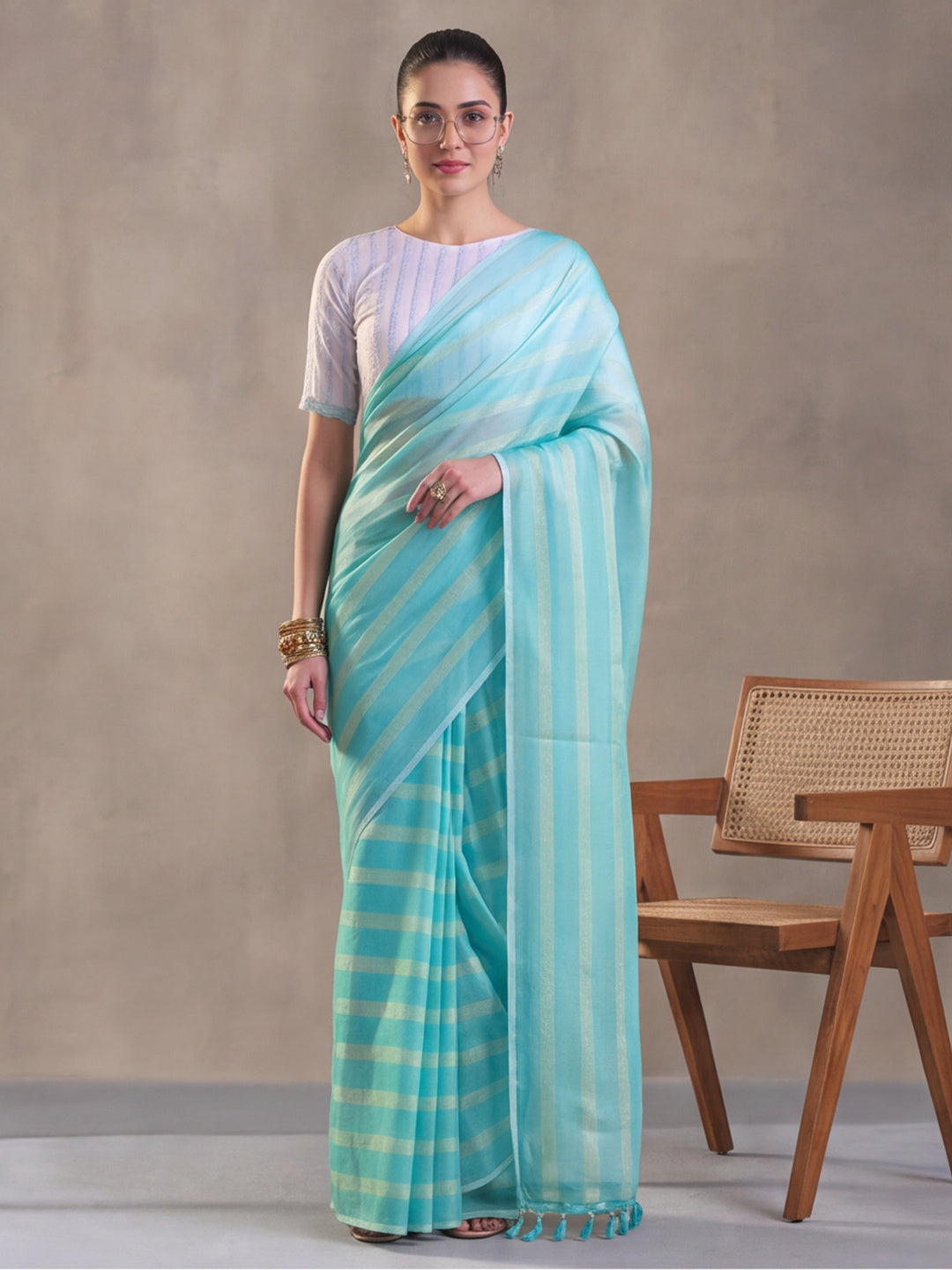 Sea Green Vichitra Silk Printed Saree for Women by Jaipur Kurti