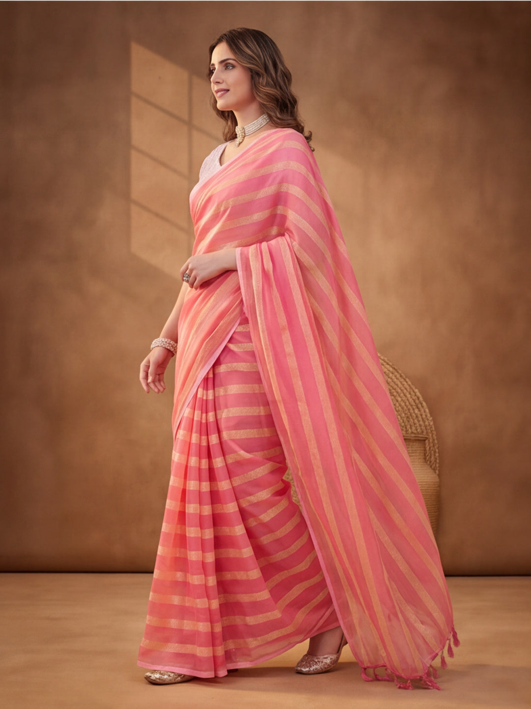 Peach Vichitra Silk Printed Saree for Women by Jaipur Kurti