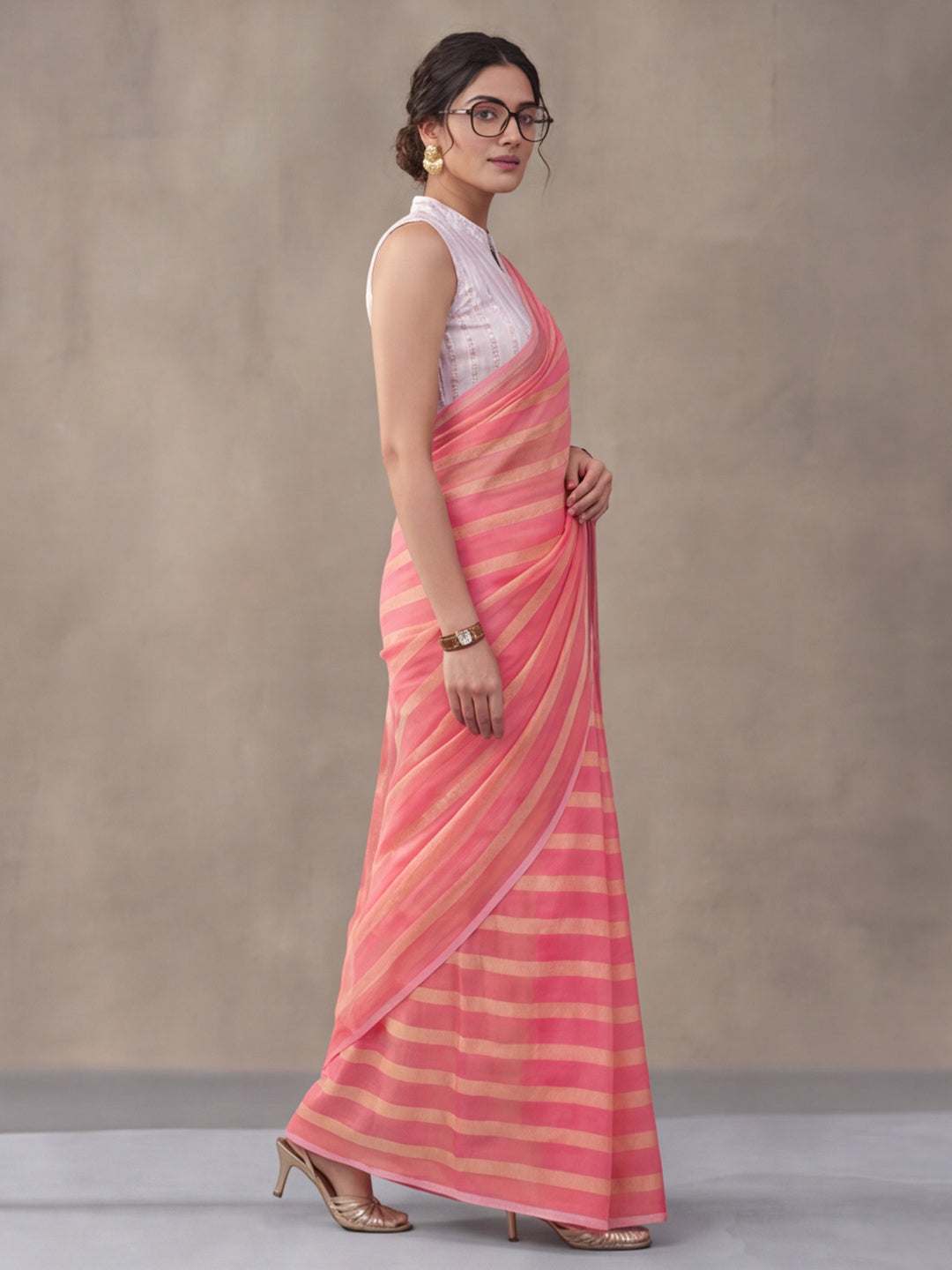Peach Vichitra Silk Printed Saree for Women by Jaipur Kurti