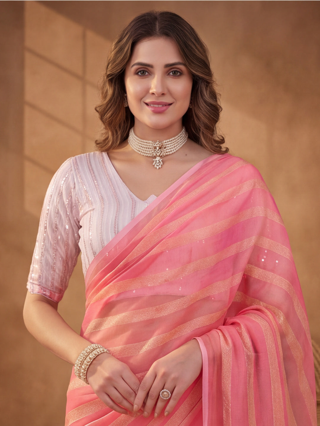 Peach Vichitra Silk Printed Saree for Women by Jaipur Kurti