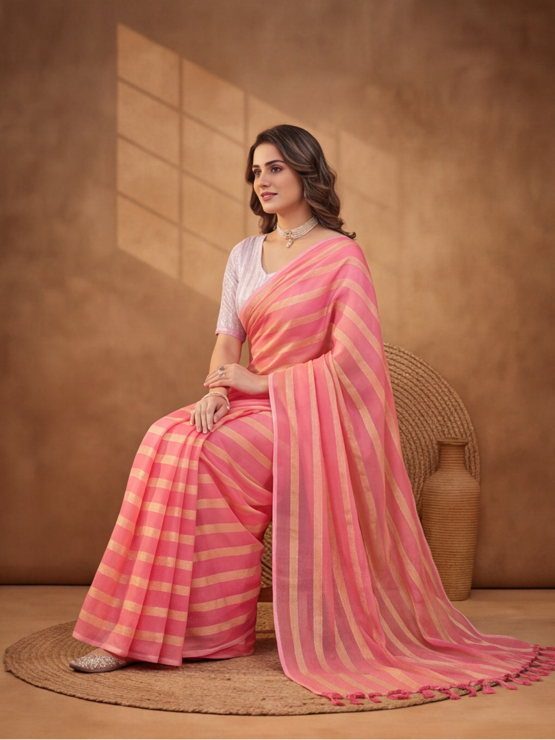 Peach Vichitra Silk Printed Saree for Women by Jaipur Kurti