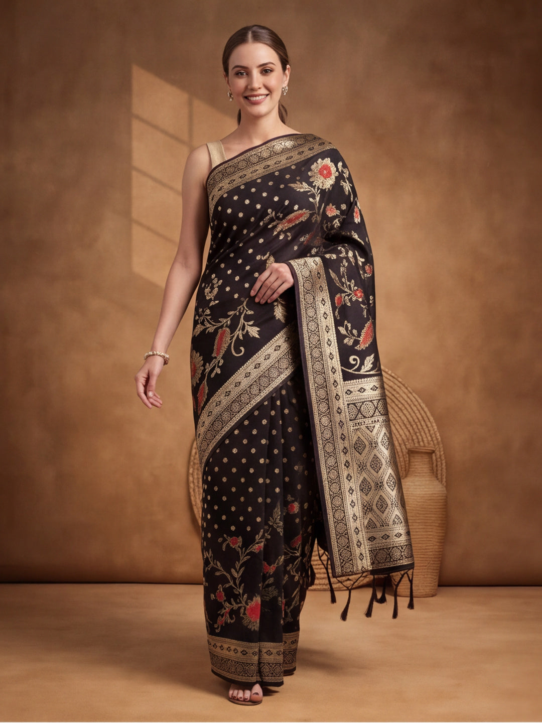 Jaipur Kurti Women'S Designer Weaving Work Black Saree