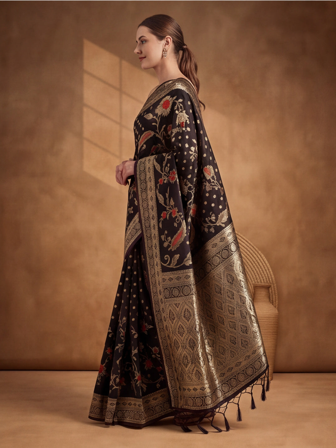 Jaipur Kurti Women'S Designer Weaving Work Black Saree