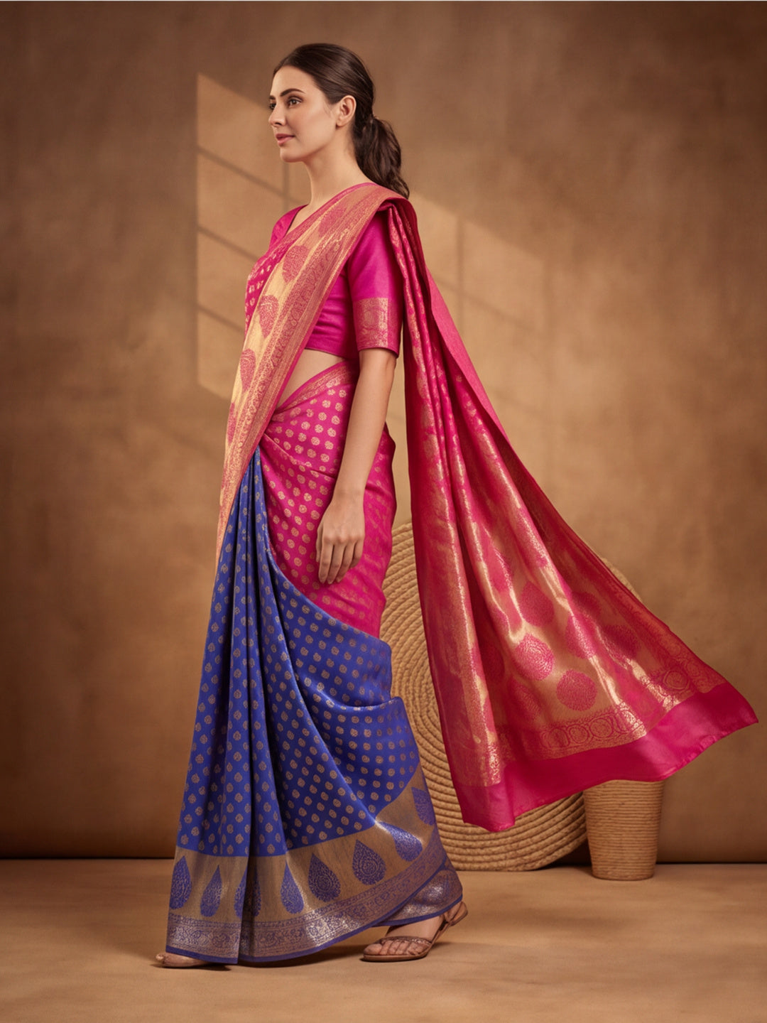 Jaipur Kurti Women'S Designer Weaving Work Pink,Blue Saree