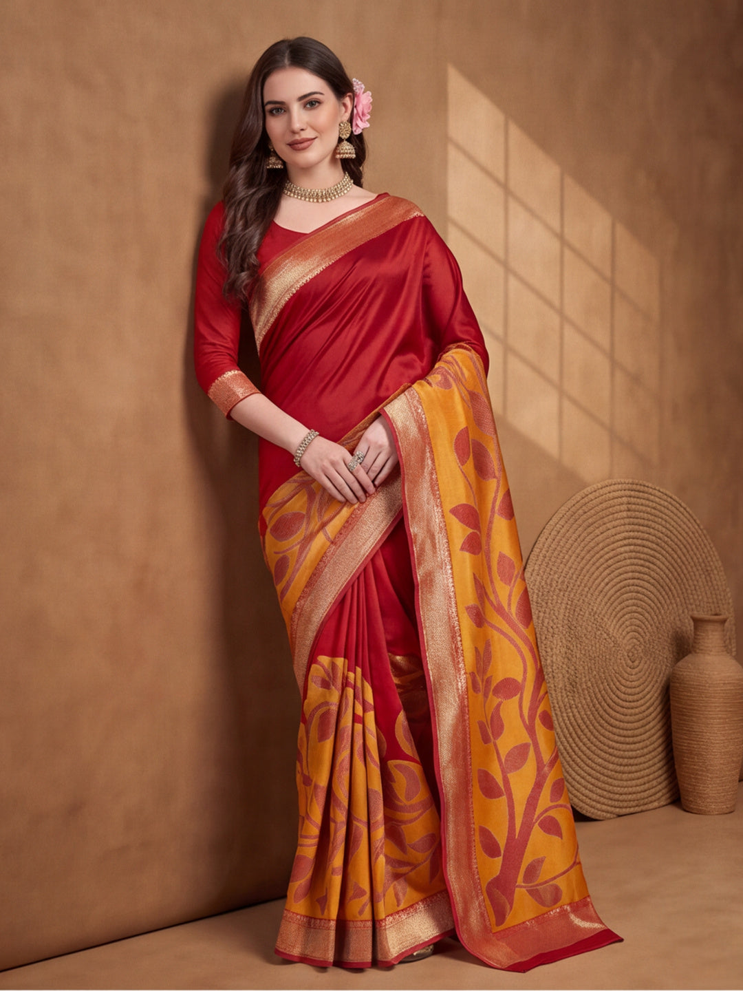 Jaipur Kurti Women'S Designer Weaving Work Red,Gold Saree