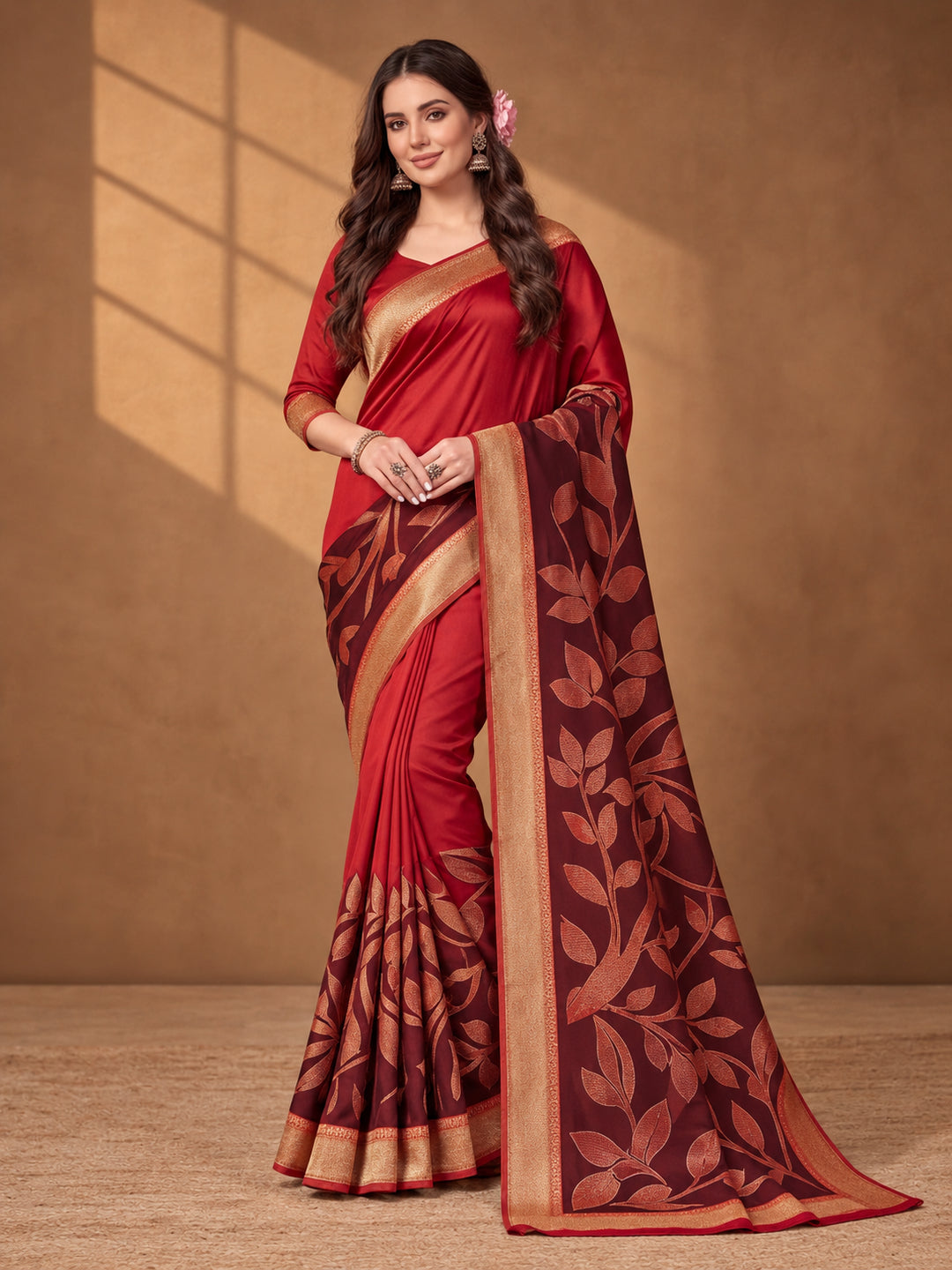 Jaipur Kurti Women'S Designer Weaving Work Red,Brown Saree