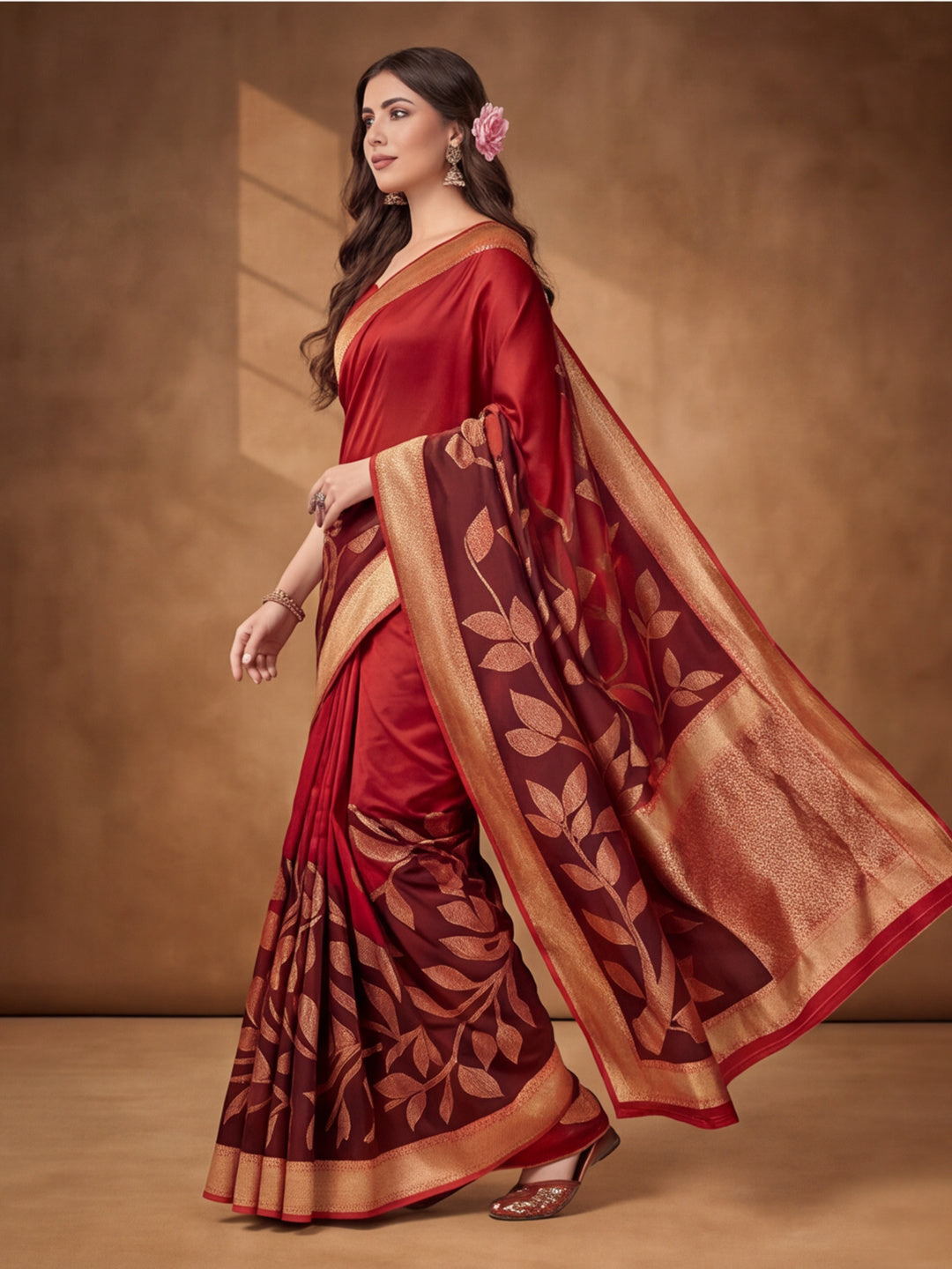 Jaipur Kurti Women'S Designer Weaving Work Red,Brown Saree