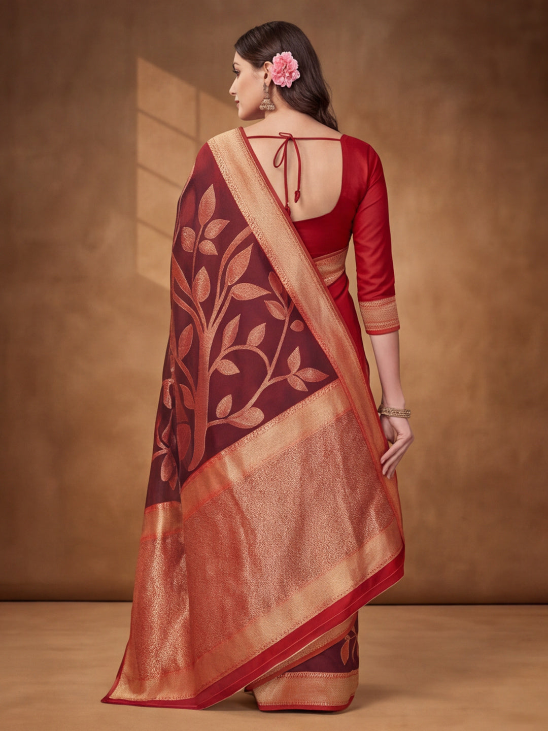 Jaipur Kurti Women'S Designer Weaving Work Red,Brown Saree