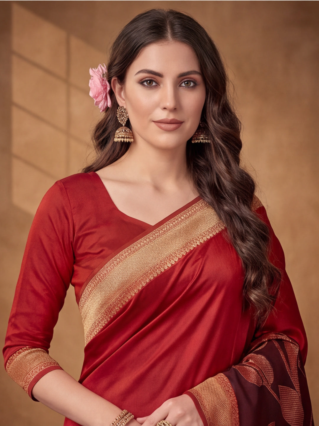 Jaipur Kurti Women'S Designer Weaving Work Red,Brown Saree