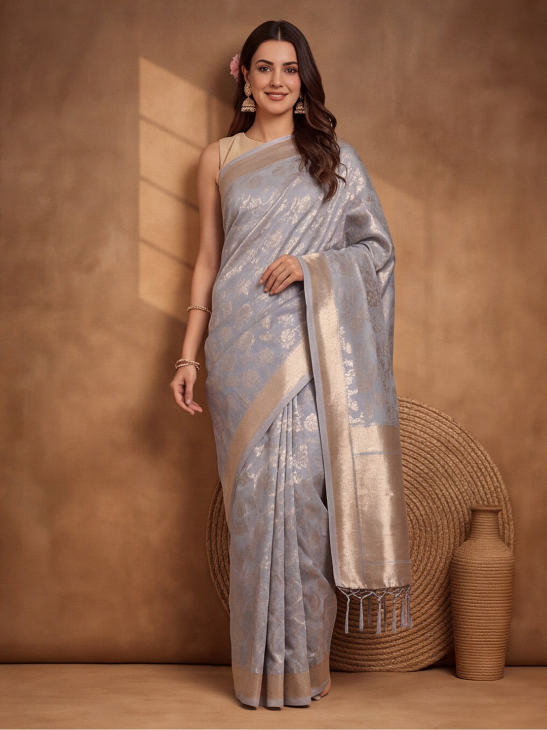 Jaipur Kurti Women'S Designer Weaving Work Grey Saree