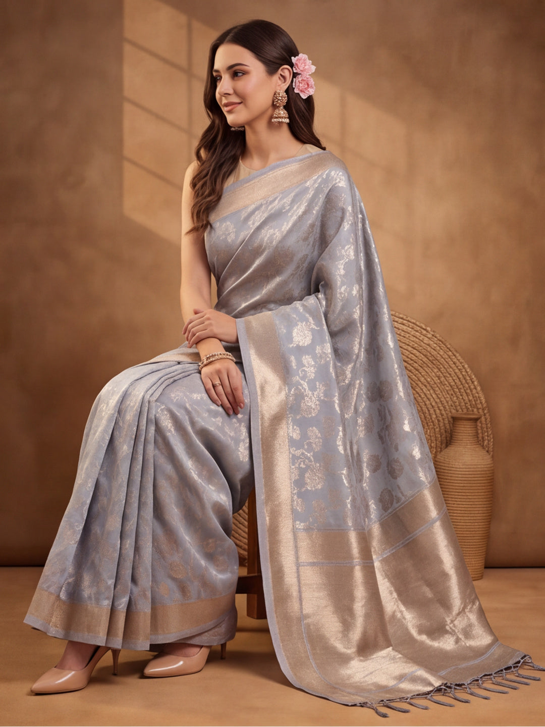 Jaipur Kurti Women'S Designer Weaving Work Grey Saree