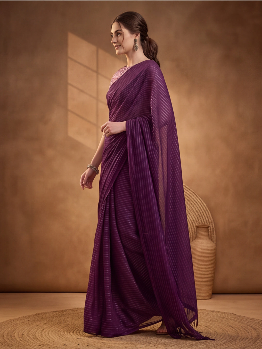 Burgundy Sparkle Lining Fabric Saree with Printed Design by Jaipur Kurti