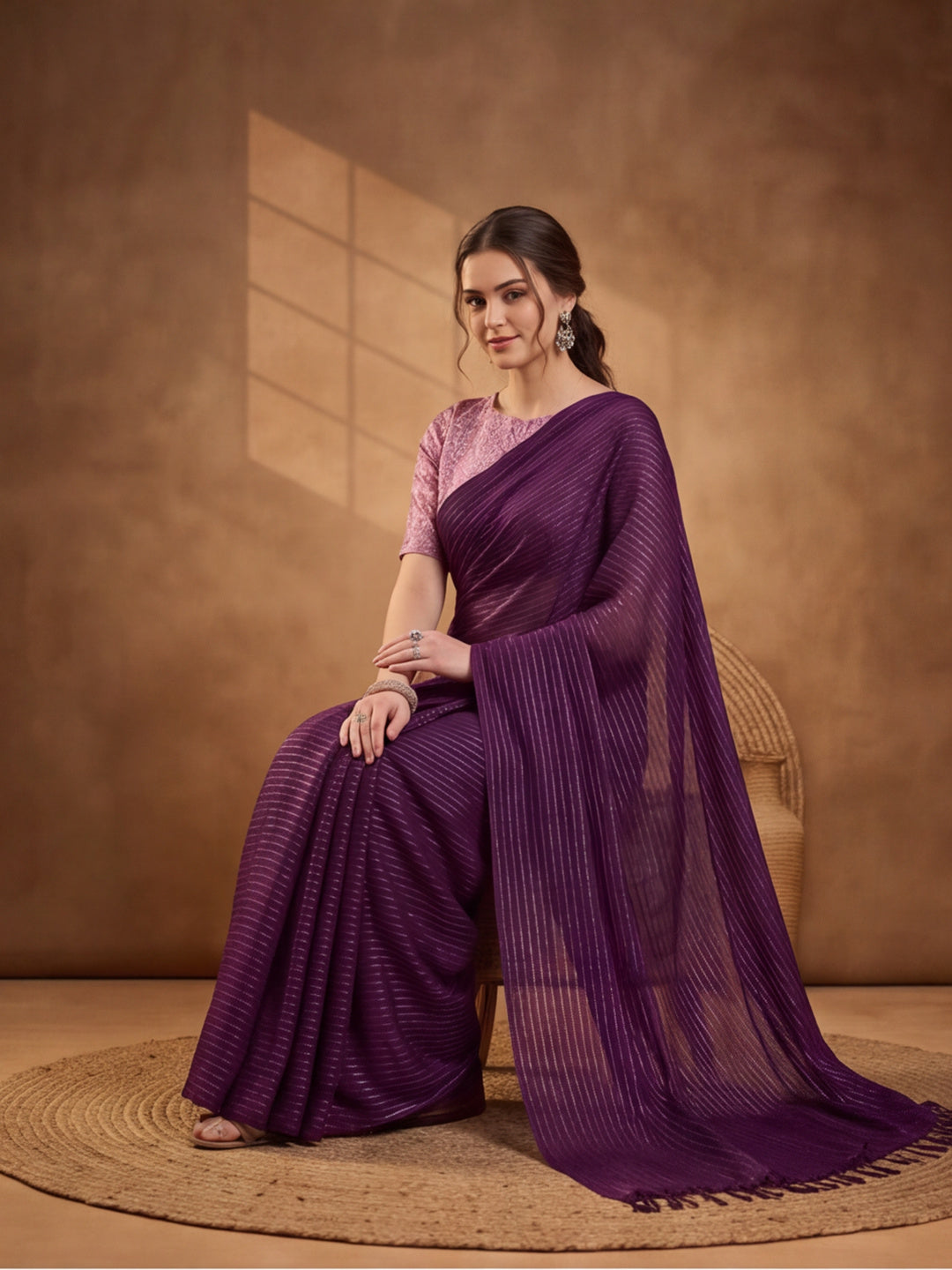 Burgundy Sparkle Lining Fabric Saree with Printed Design by Jaipur Kurti