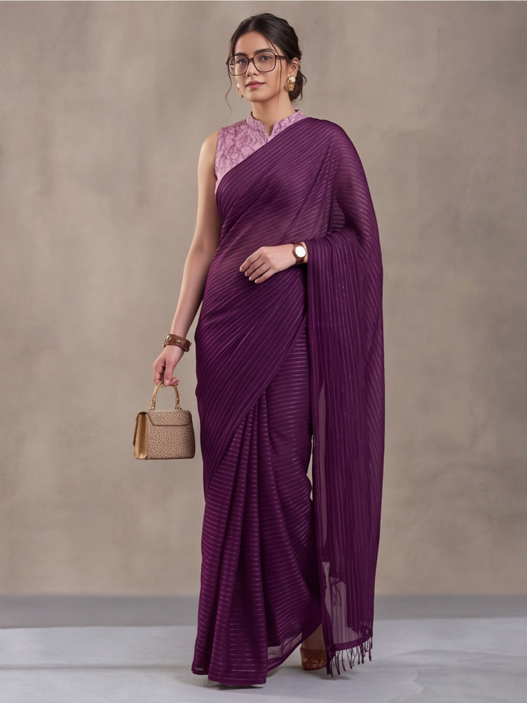 Burgundy Sparkle Lining Fabric Saree with Printed Design by Jaipur Kurti