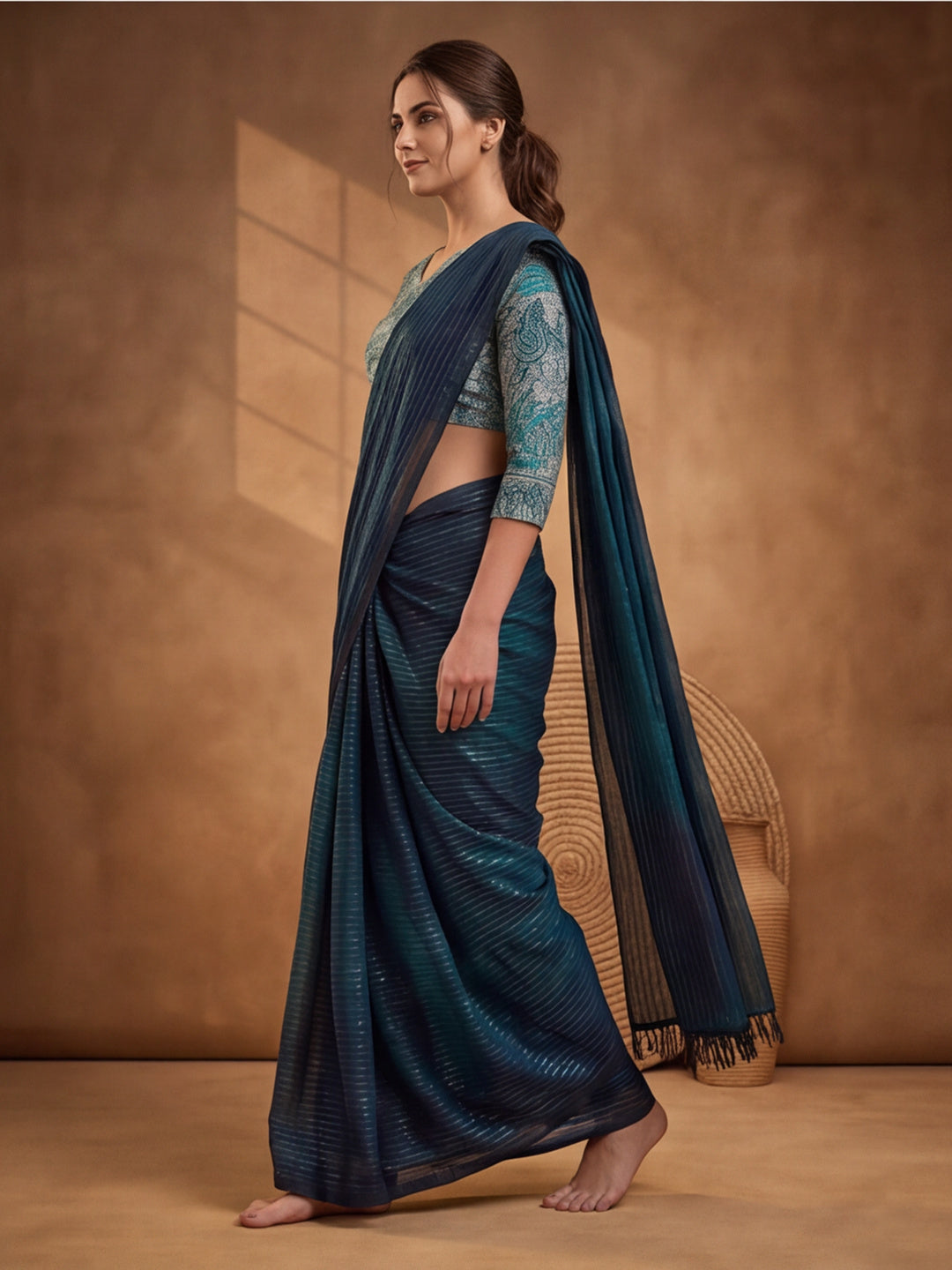 Women's Teal Sparkle Lining Fabric Saree with Bold Prints by Jaipur Kurti