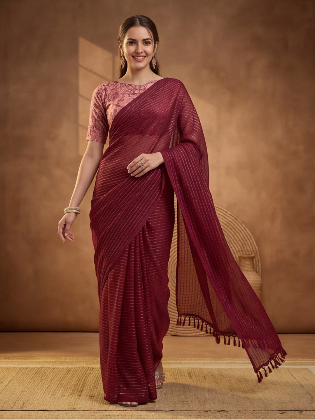 Red Sparkle Lining Fabric Saree with Elegant Printed Work by Jaipur Kurti