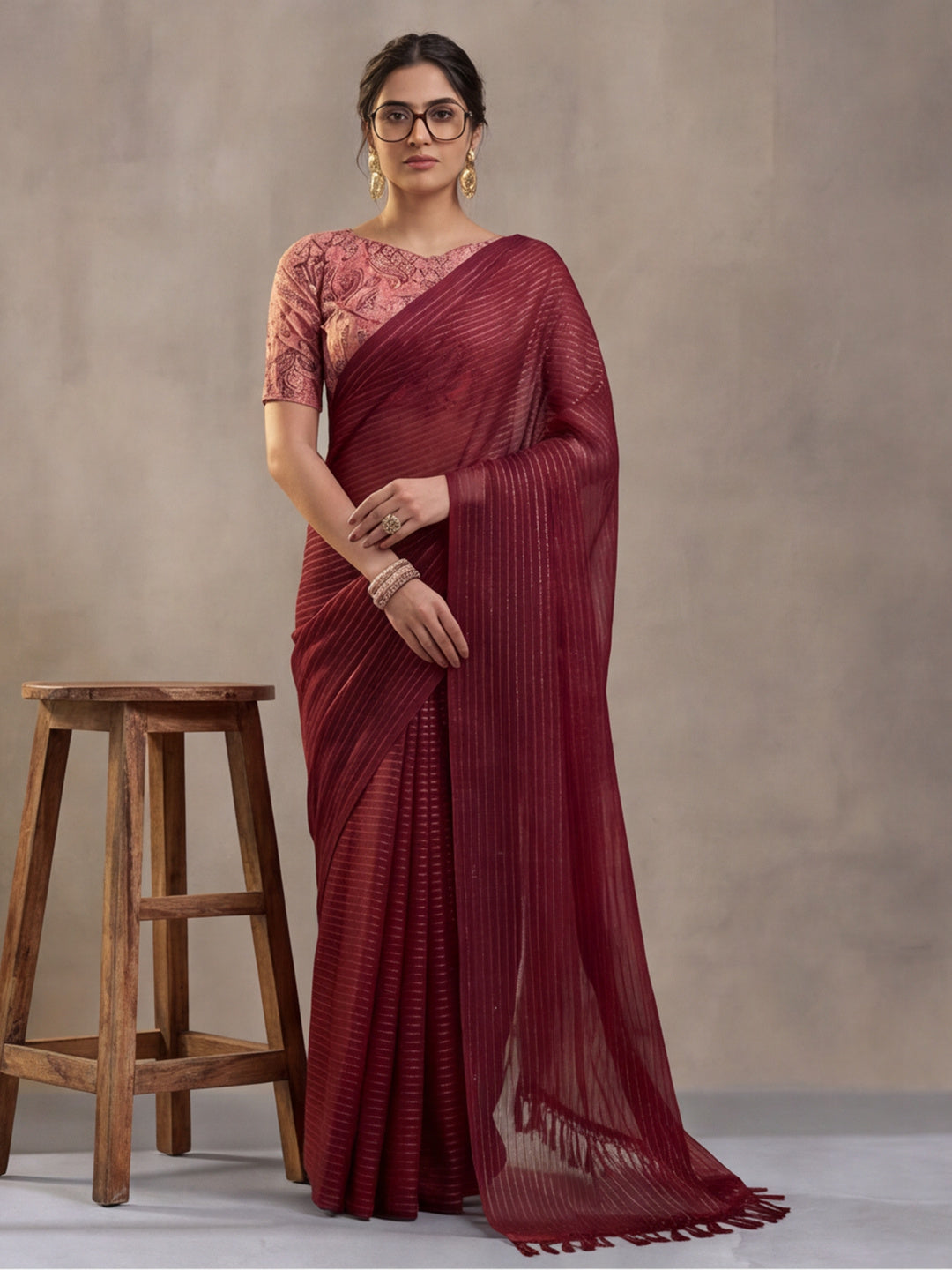 Red Sparkle Lining Fabric Saree with Elegant Printed Work by Jaipur Kurti