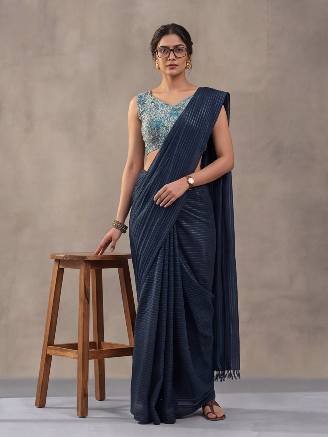Navy Blue Sparkle Lining Fabric Saree with Trendy Printed Design by Jaipur Kurti