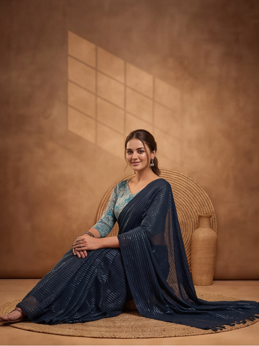 Navy Blue Sparkle Lining Fabric Saree with Trendy Printed Design by Jaipur Kurti