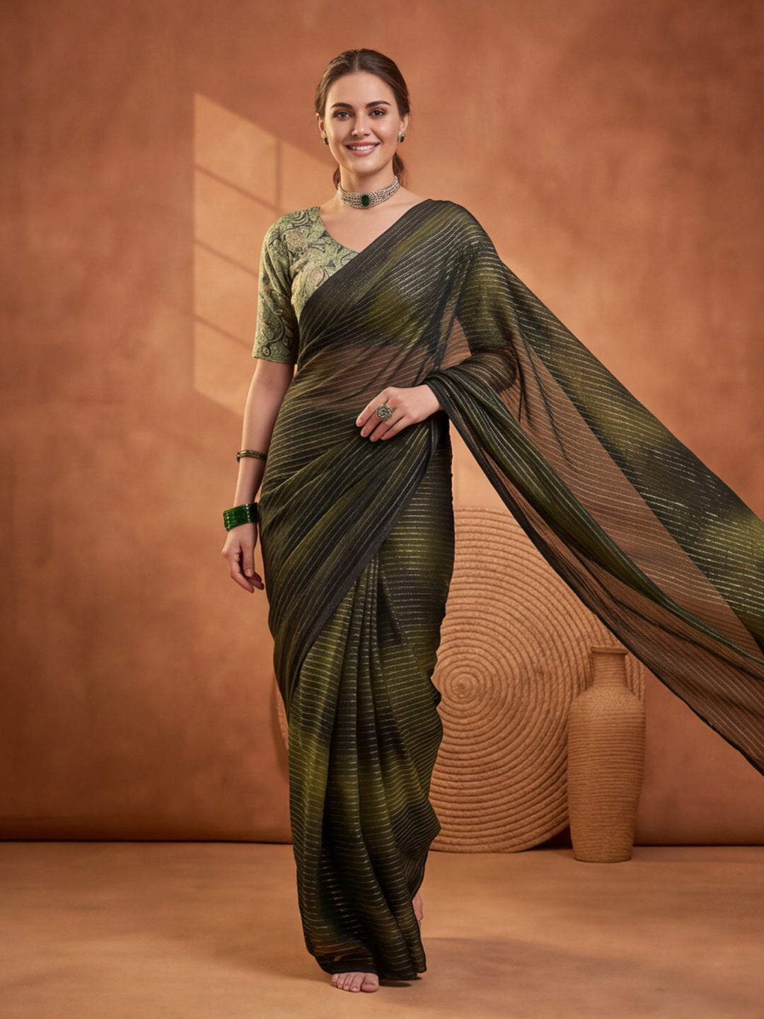 Olive Green Sparkle Lining Fabric Saree with Unique Prints by Jaipur Kurti