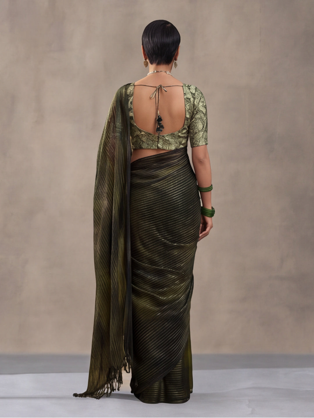 Olive Green Sparkle Lining Fabric Saree with Unique Prints by Jaipur Kurti